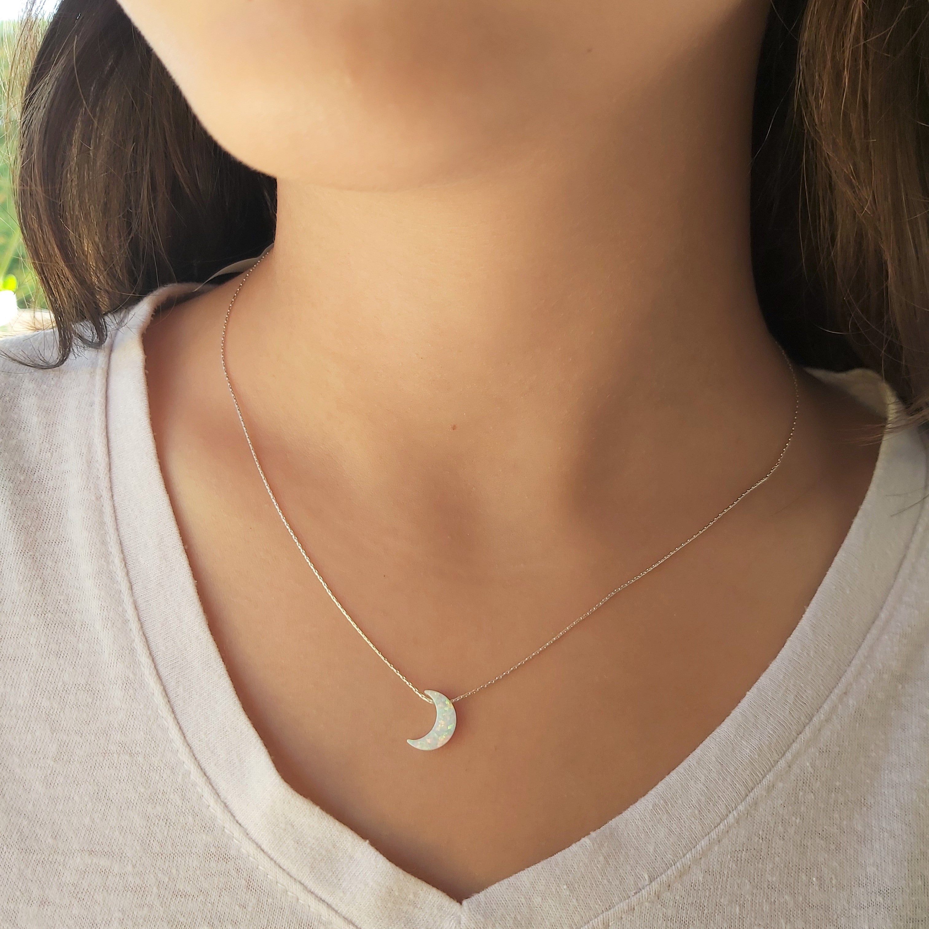 White Moon Opal Necklace Gold Filled 925 Sterling Silver Crescent Moon  Pendant